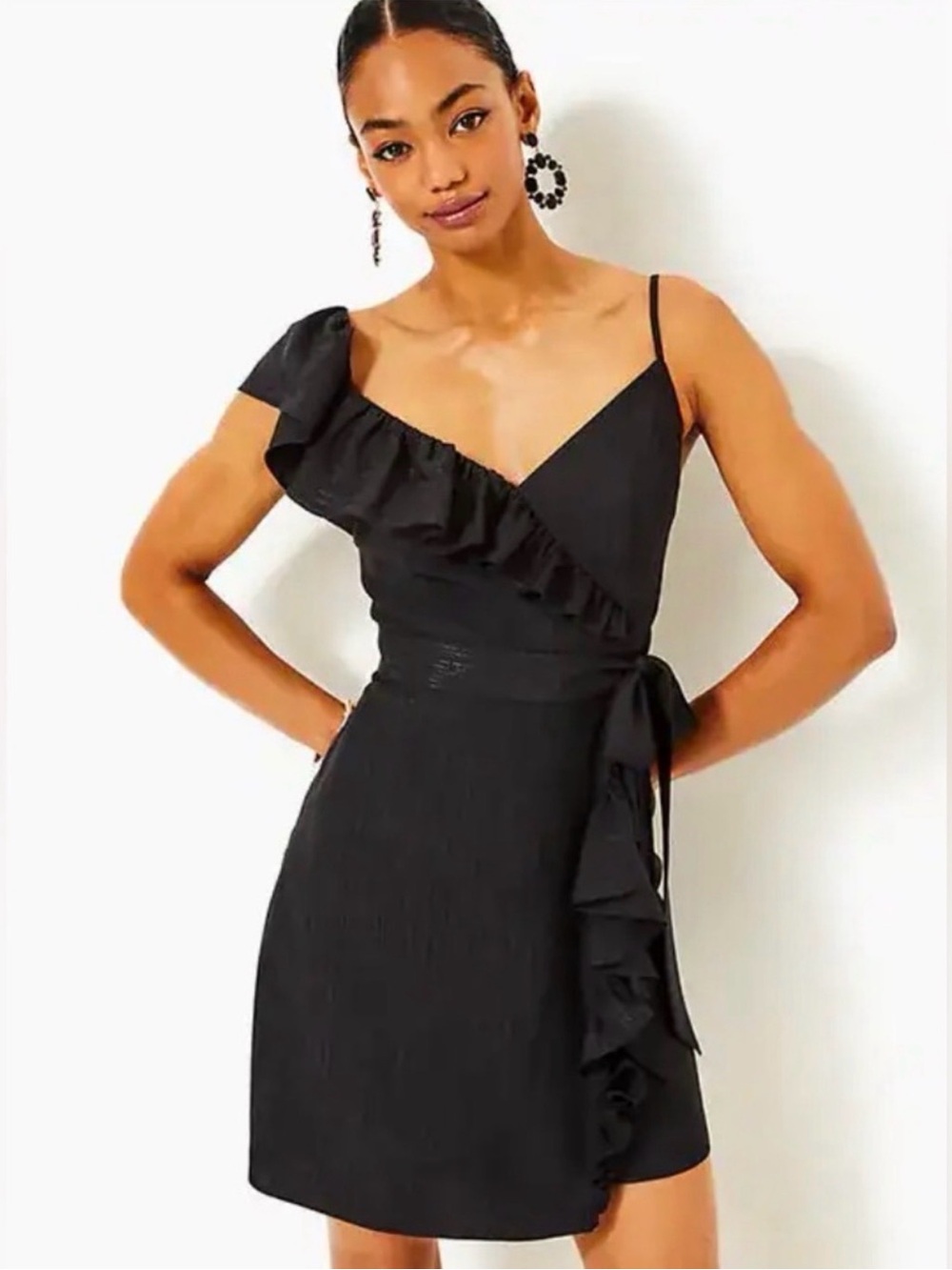 Lilly Pulitzer Lavanna Dress Black One-Shoulder Ruffle Wrap Dress